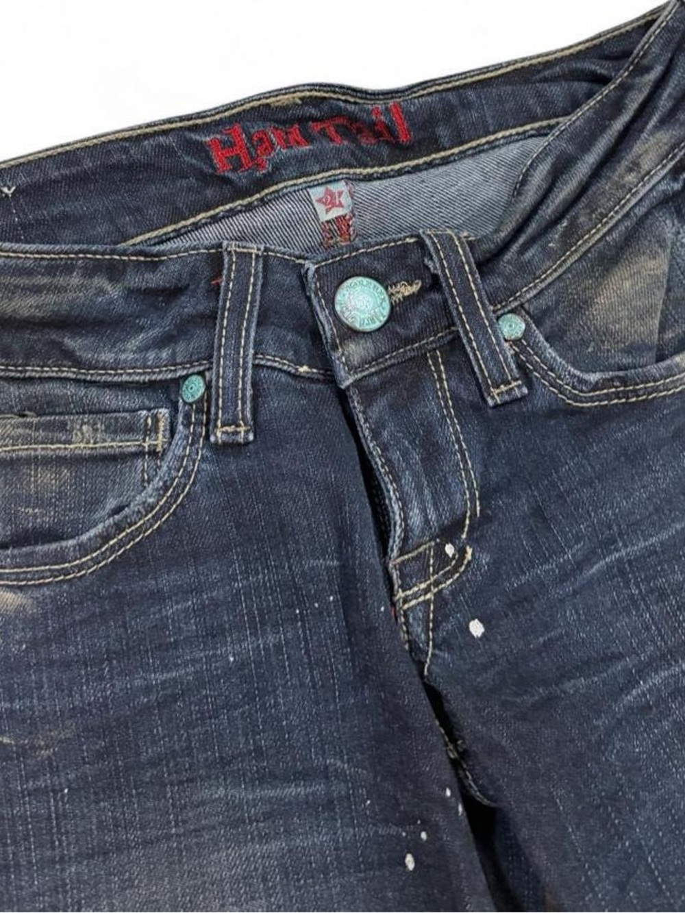 Y2K Ultra Low Rise Bootcut Flare Hard Tail Jeans Dirty Paint Splatter Wash